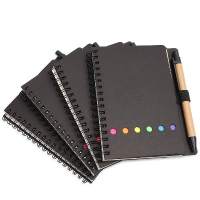 Paper Junkie 4-Pack 60 Sheets Black Mini Kraft Spiral Notebooks with Sticky Note & Pen, 6 in