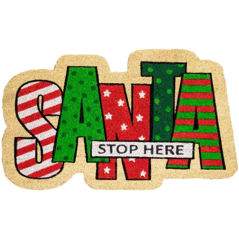 Northlight Red and Green "Santa Stop Here" Outdoor Christmas Doormat 18" x 30", 1 of 7