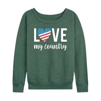 Women's - Instant Message - Love My Country Lightweight French Terry Wide Neck Long Sleeve Shirt