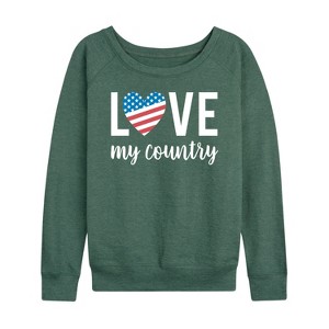 Women's - Instant Message - Love My Country Lightweight French Terry Wide Neck Long Sleeve Graphic Shirt - 1 of 4