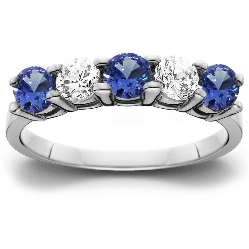 Pompeii3 1 cttw Blue Sapphire & Diamond 5-Stone Wedding Anniversary Ring 14k White Gold, 1 of 4