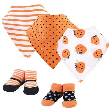 Hudson Baby Infant Girl Cotton Bib and Sock Set 5pk, Girl Pumpkin, One Size