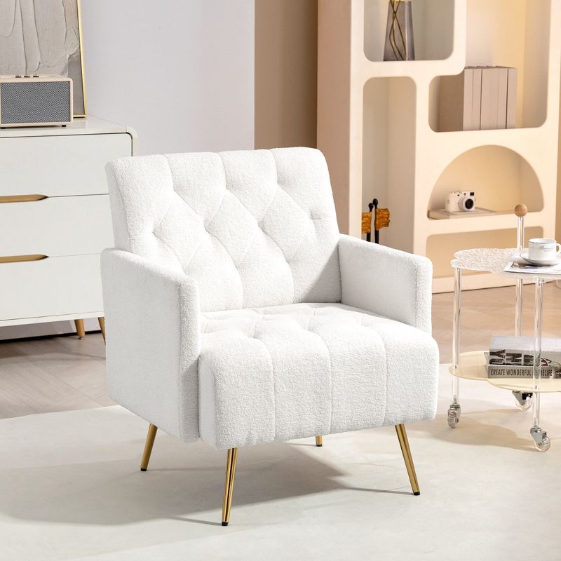 HOMCOM Berber Fleece Accent Chair, Upholstered Tufted Armchair with Gold Steel Legs, Fabric Reading Chair for Living Room and Bedroom, White, 2 of 7