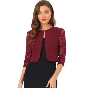 INSPIRE CHIC Women's Work Floral 3/4 Lace Trim Sleeves Open Front Bolero Shrug - 1 of 4
