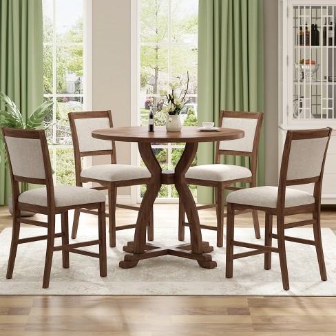 5-Piece Dining Set with Extendable Round Table and 4 Upholstered Chairs,  Natural Wood Wash - ModernLuxe