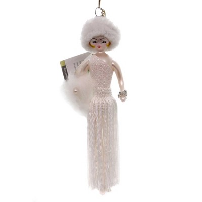 Italian Ornaments 6.75" Nancy In White Fringed Skirt Ornament Italian Lady Hat Diva  -  Tree Ornaments