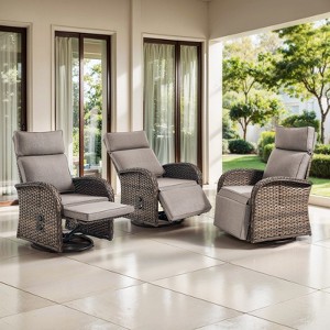 Belord Outdoor Swivel Recliner Chairs Set of 3, Brown Wicker Recliner Patio Swivel Chair with Adjustable Reclining Back and Lifting Footrest - 1 of 4