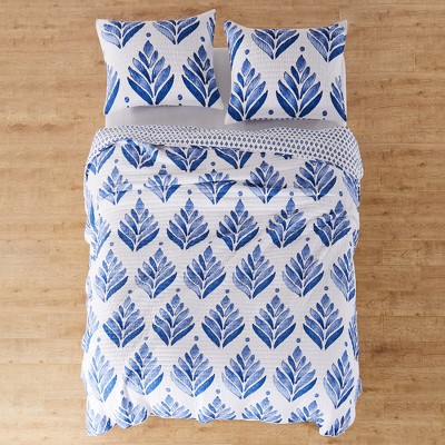 King White Cotton Reversible Quilt Set with Blue Floral Design