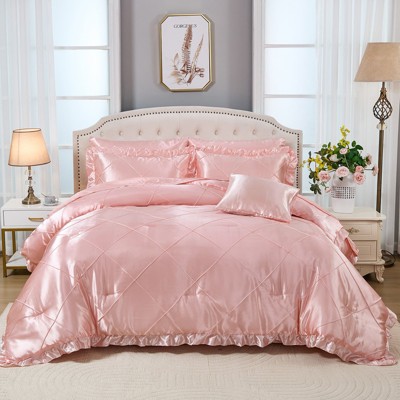 Satin Comforter Set with Sheet Set – Like Bed in a Bag, Ruffle Pinch Pleat Bedding, Soft Luxury Silky Quilt Set with Cushion Cover