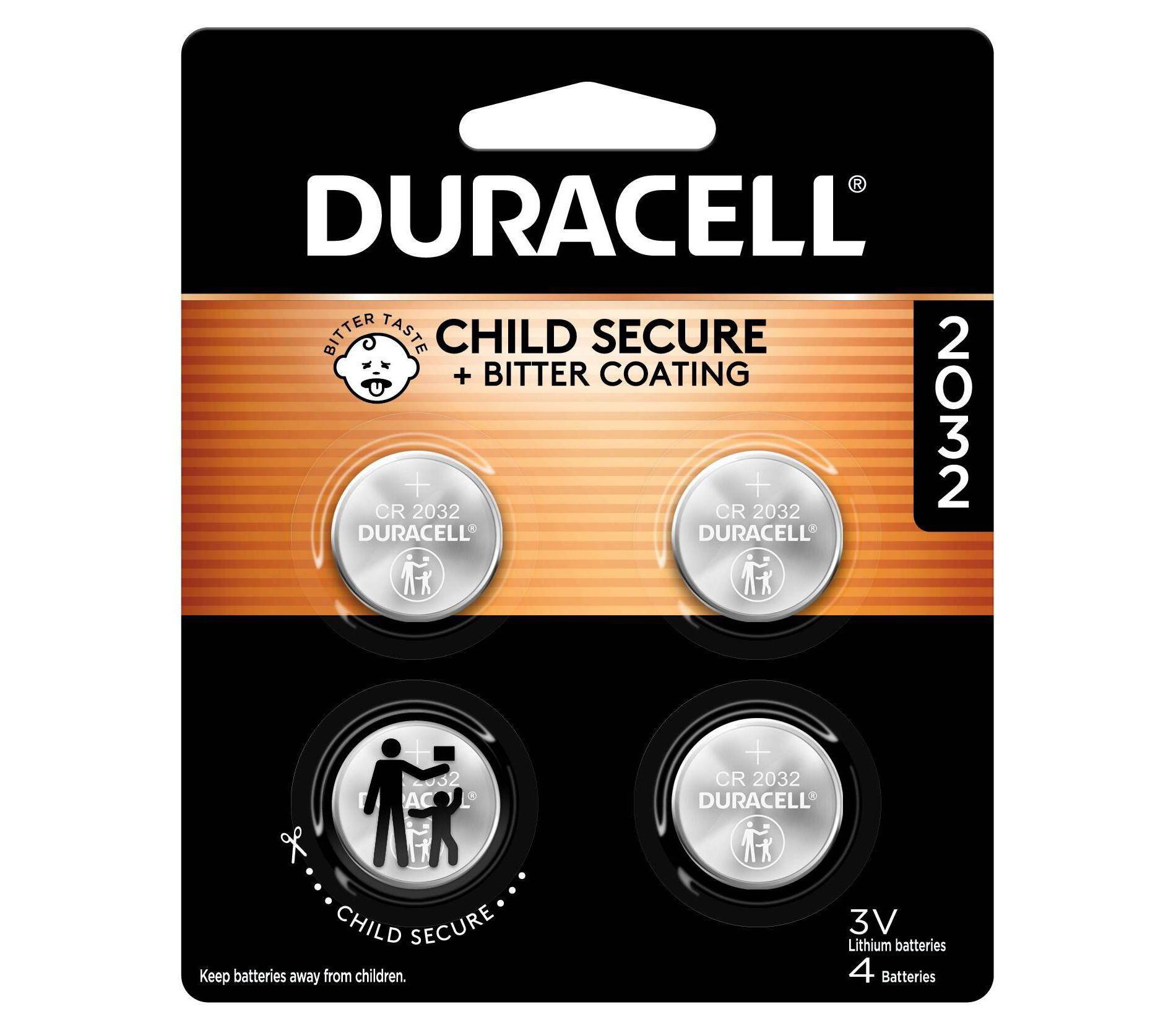Duracell 2032 Lithium Coin Battery - 4pk Specialty Battery w/ Bitterant Technology: Capacity 265 mAh