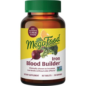 MegaFood Blood Builder - Iron Supplement To Increase Iron Levels w/o Side Effects - for Women w/ Vitamin C, Vitamin B12 & Folic Acid, Vegan, 90 Tabs - 1 of 4