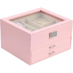 3-Layer Jewelry Box with Clear Lid and 2 Drawers, Black Multi-Functional Organizer for Rings, Earrings, Necklaces - 1 of 4