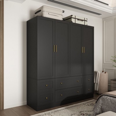 Famapy Black 4 - Door Wardrobe with Gold Handles & Multi - Drawer Storage: Ample Space for Clothes, Accessories & More,Bedroom Closet Organizer