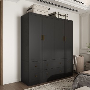 Famapy Black 4 - Door Wardrobe with Gold Handles & Multi - Drawer Storage: Ample Space for Clothes, Accessories & More,Bedroom Closet Organizer - 1 of 4