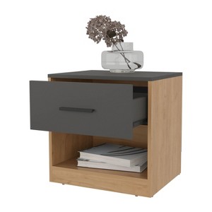 Vynxaria Modern 1-Drawer Nightstand, Natural Oak & Matt Grey, Open Shelf, Sleek Rectangular Design, Bedroom Storage Furniture - 1 of 4