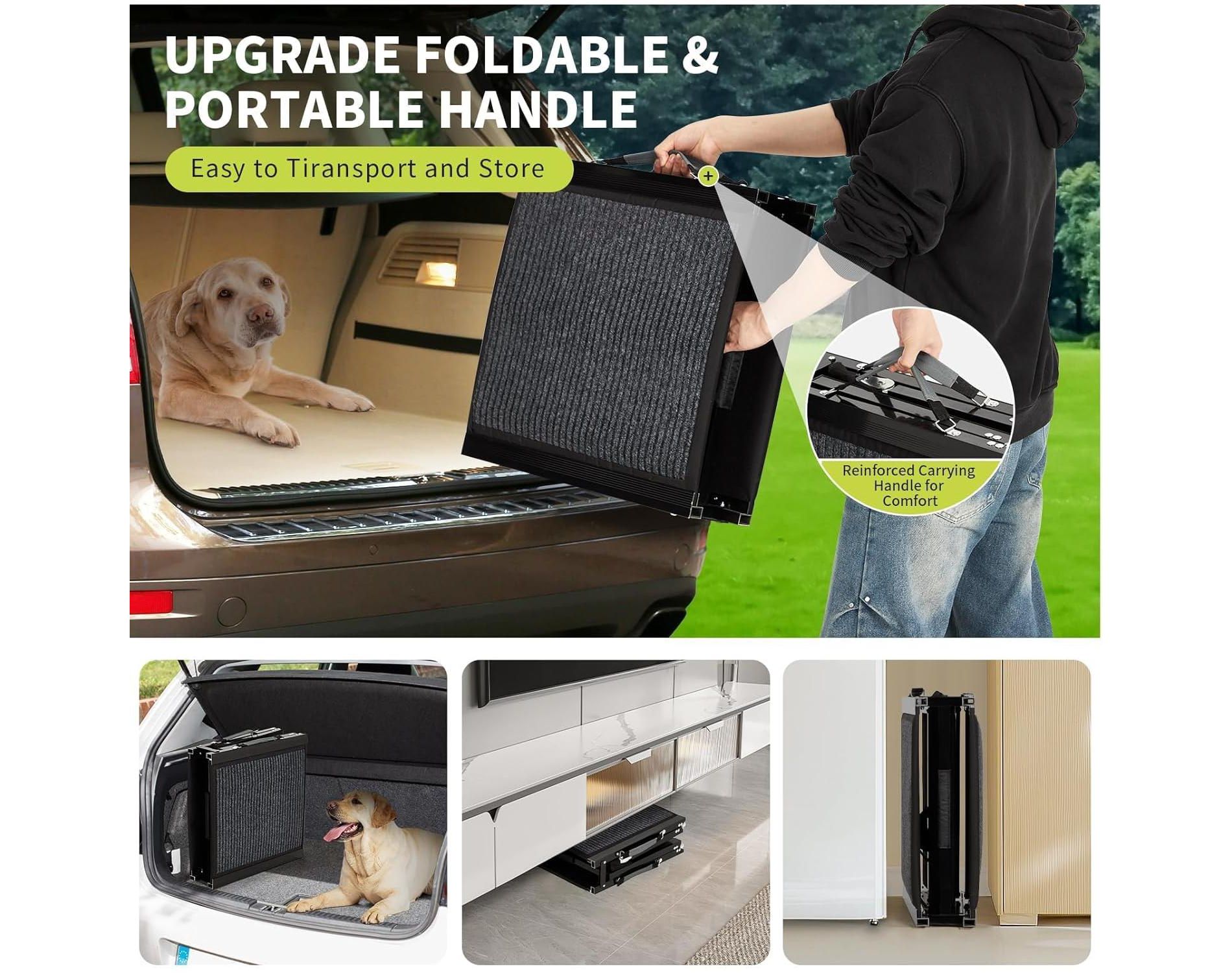 250 lbs Capacity Folding Dog Ramp - Heavy Duty Quad-Fold Non-Slip Portable Pet Stairs for Car, SUV & Truck (Seniors/Pets Safe Access)