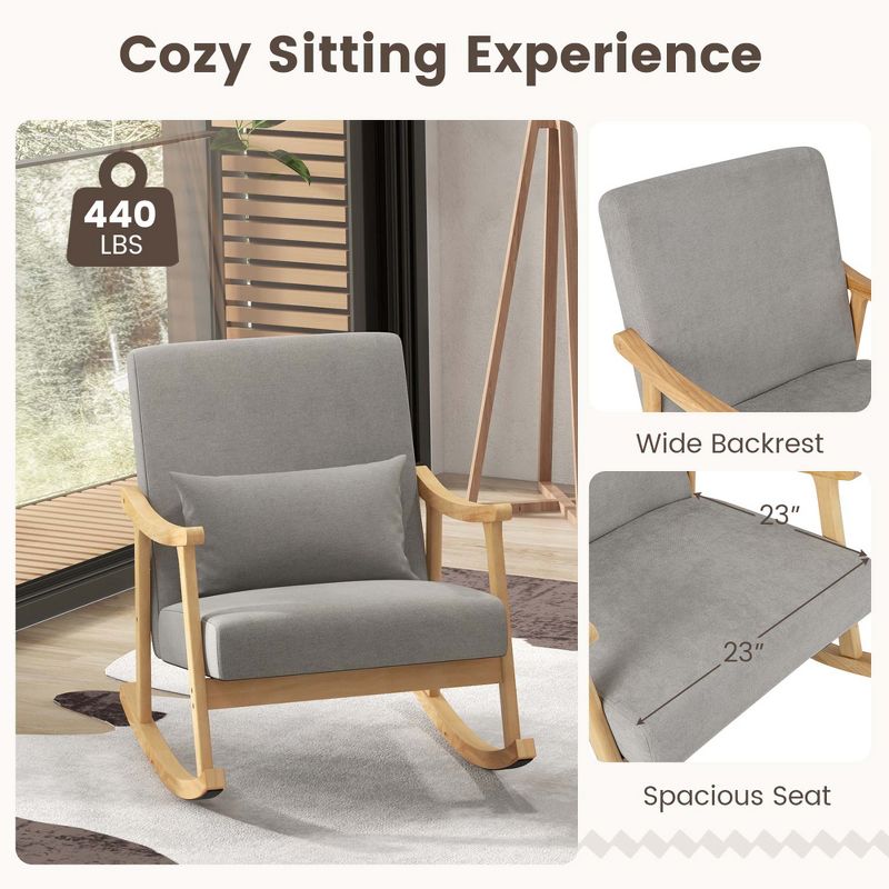 Costway Nursery Rocking Accent Chair with Rubber Wood Armrests Soft Lumbar Pillow Cushion Grey/Coffee, 5 of 9