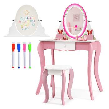Tangkula Kids Vanity Table Stool Set Pretend Play Makeup Desk with Whiteboard Markers