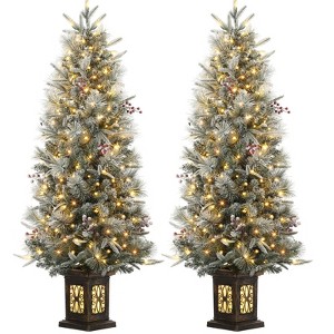 4.5ft Pre-Lit Snow Flocked Christmas Tree, Artificial Potted Xmas Tree with 200 Warm Lights, 8 Lighting Modes, Faux Berries, Antique Urn Base - 1 of 4