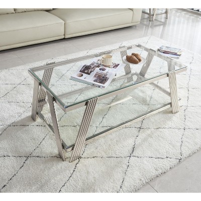 NicBex Modern Double-Layer Clear Tempered Glass Coffee Table with Unique Stainless Steel Legs,Living Room End Table with Storage