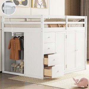 Okak Full Size Wood Bunk Bed with Built-in Wardrobes & Storage Cabinets Loft Bunk Bed with Drawers for Teens, Easy Assemble, White - 1 of 4