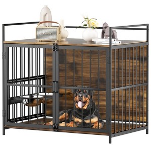 VisioGear 48" Large Dog Crate with 360° Adjustable Raised Feeder for Dogs, Brown, 48"*30"*43" - 1 of 4