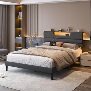 Furnulem Queen Size Bed Frames with Upholstered Headboard Bed with Charging Station and Led Lights Bed Frame with Sturdy Wooden Slats/2-Tier Storage - 1 of 4
