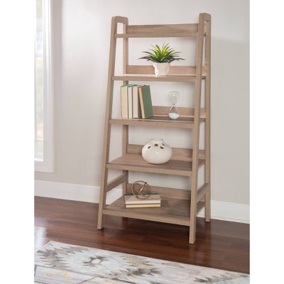 Modern Gray Wood Ladder Bookcase with 5 Spacious Shelves