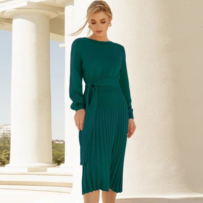 Coolmee Women's Fall Long Sleeve Wrap Crew Neck Ribbed Knit Pleated A Line Pullover Sweater Dress with Belt