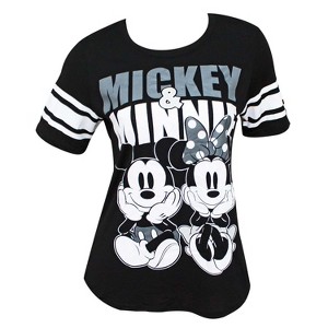 Adult Mickey And Minnie Mouse Football Style Black T-Shirt - 1 of 2