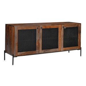 Treasure Trove Accents Three Door Credenza: Sheesham Wood, Cane Inlay, Iron Frame, Storage Cabinet - 1 of 4
