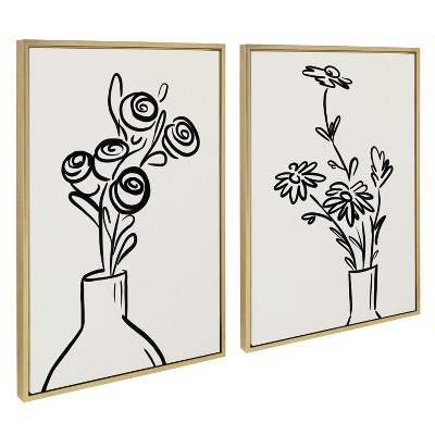 Kate and Laurel Sylvie Still Life Flowers in Vase Framed Canvas Set by The Creative Bunch Studio, 2 Piece 23x33, Bright Gold