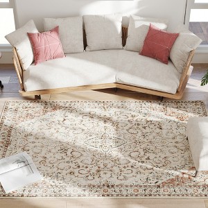Area Rug Machine Washable Non-Slip Classic Floral Print Carpet for Living Room and Bedroom, Mixed Brown - 1 of 4