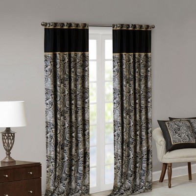 Black Faux Silk Jacquard Light-Filtering Curtain Panel Pair