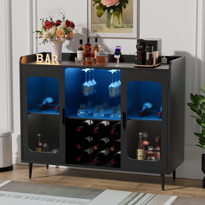 Aheaplus Sideboard Buffet with Charge Station and LED Light, Farmhouse Bar Cabinet with Wine Holder
