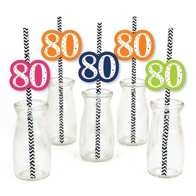 Big Dot of Happiness 80th Birthday - Cheerful Happy Birthday - Paper Straw Decor - Colorful Eightieth Birthday Striped Decorative Straws - Set of 24