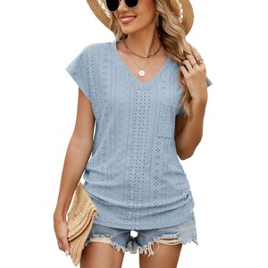 Coolmee Women Summer T Shirts Short Sleeve V Neck Tops Cute Fit Summer Casual Tee Tops Beach S Sky Blue - 1 of 4