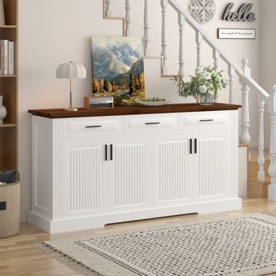 CIPACHO White 63" Fluted Sideboard Buffet Cabinet, Coffee Bar Station with 4 Doors & 3 Drawers for Home