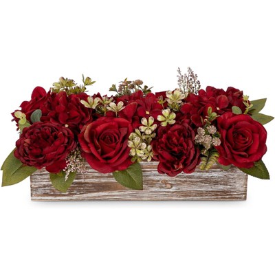 BRINJOY 14-Inch Wooden Vase Artificial Flower Arrangement | Red Roses, Peonies & Hydrangeas for Living Room Table Decor