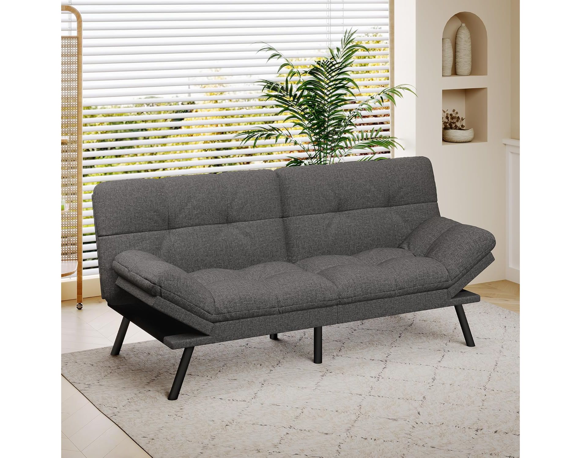 Vipbear Convertible Futon Sofa Bed,Linen Fabric Futon Couch,Detachable Cushion,Adjustable Backrest,Memory Foam Folding Loveseat Sleeper for Office
