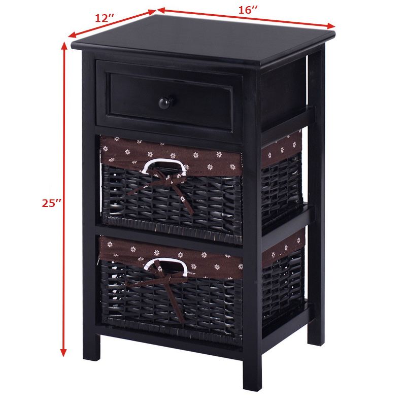 Costway Black Night Stand 3 Tiers 1 Drawer Bedside End Table Organizer Wood W/2 Baskets, 2 of 11