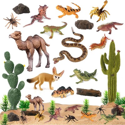 TEMI 32-Piece Desert Animal Figures Set with Trees and Cactus, Diorama Kit with Camel and Fox for Projects and Party Decor