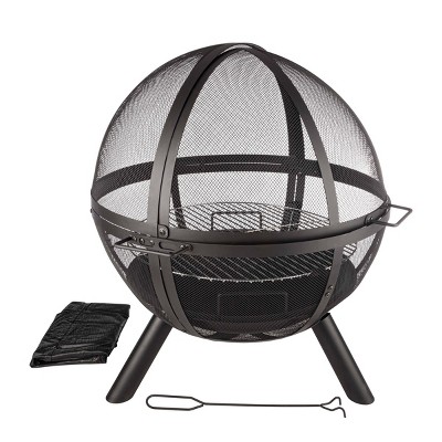 Pure Garden 30" Wood Burning Flaming Ball Round Outdoor Fire Pit With Pivot Spark Screen Brown