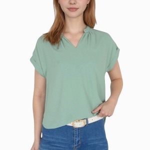 Anna-Kaci Women's V-Neck Short Sleeve Blouse with Rolled Cuffs and Soft Pleated Collar Detail - 1 of 4
