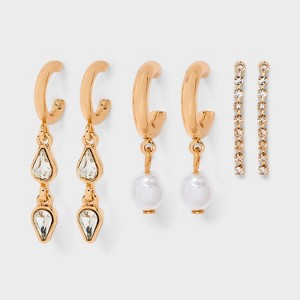 Pearl and Rhinestone Hoop & Drop Earring Set 3pc - Wild Fable™ Gold - 1 of 3
