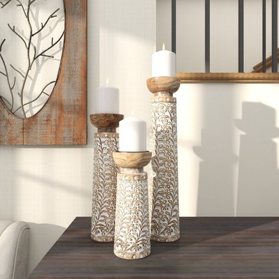 Rustic Elegance Mango Wood Carved Candle Holders, Brown Floral Set of 3