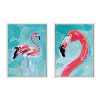Sylvie Flamingo Study and Feathery Friend White Canvas Art Set