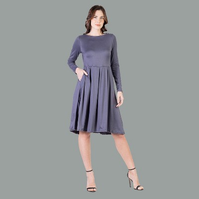 24seven Comfort Apparel Womens Long Sleeve Midi Length Fit N Flare Pocket Dress