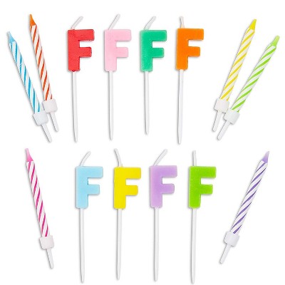 Blue Panda 96-Piece Letter F and Colored Stripes Birthday Cake Candles Set with Holders for Party Decorations