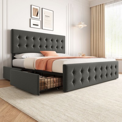Full/Queen/King Size Bed Frame with 4 Storage Drawers and Headboard, Platform Bed Frame with Wooden Slats Support